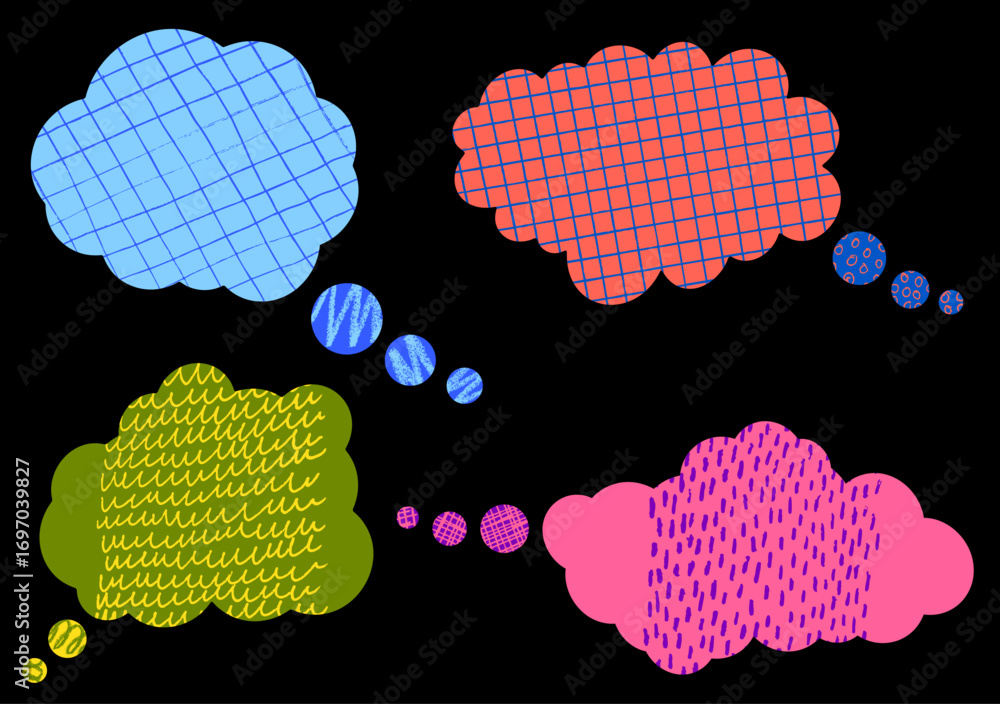 Poster set of four colorful thought clouds with textured patterns on a black background. vector illustratio