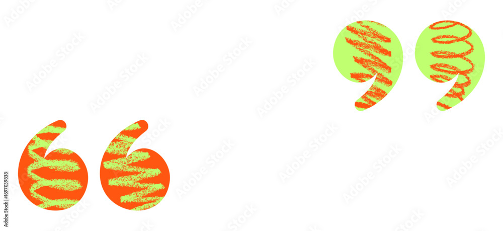 Poster bright green and orange quotation marks with swirled texture in a modern pop-art style. vector illus