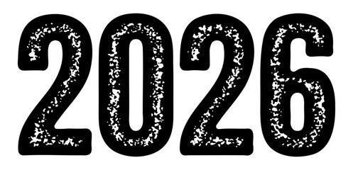 Distressed black 2026 numbers with rough texture on white background. Vector illustration for calendars, posters, and creative design.
