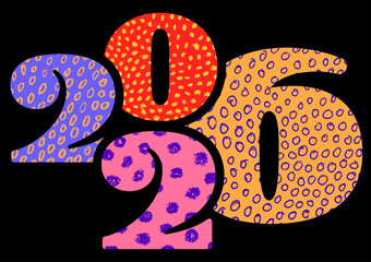 Playful 2026 numbers filled with hand-drawn colorful dots. Vector illustration ideal for fun, retro, and creative styles.