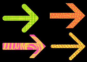 Set of four colorful right-facing arrows with textured patterns on black. Vector illustration.