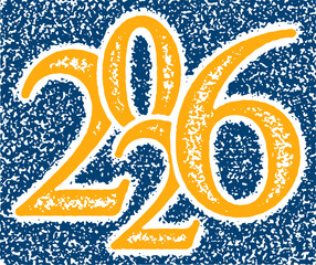 Vector illustration of bold 2026 numbers with rough textured grunge effect in yellow on dark background for creative projects.