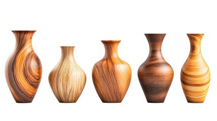 Collection of Wooden Vases with Unique Grain Patterns on Transparent Background for Interior Decor