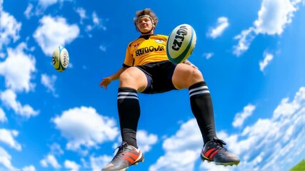 A young rugby player in a yellow jersey leaps to catch a ball under a bright blue sky - Powered by Adobe