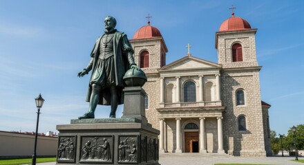 Obraz premium Bronze statue of a man in historical attire stands before a stone church