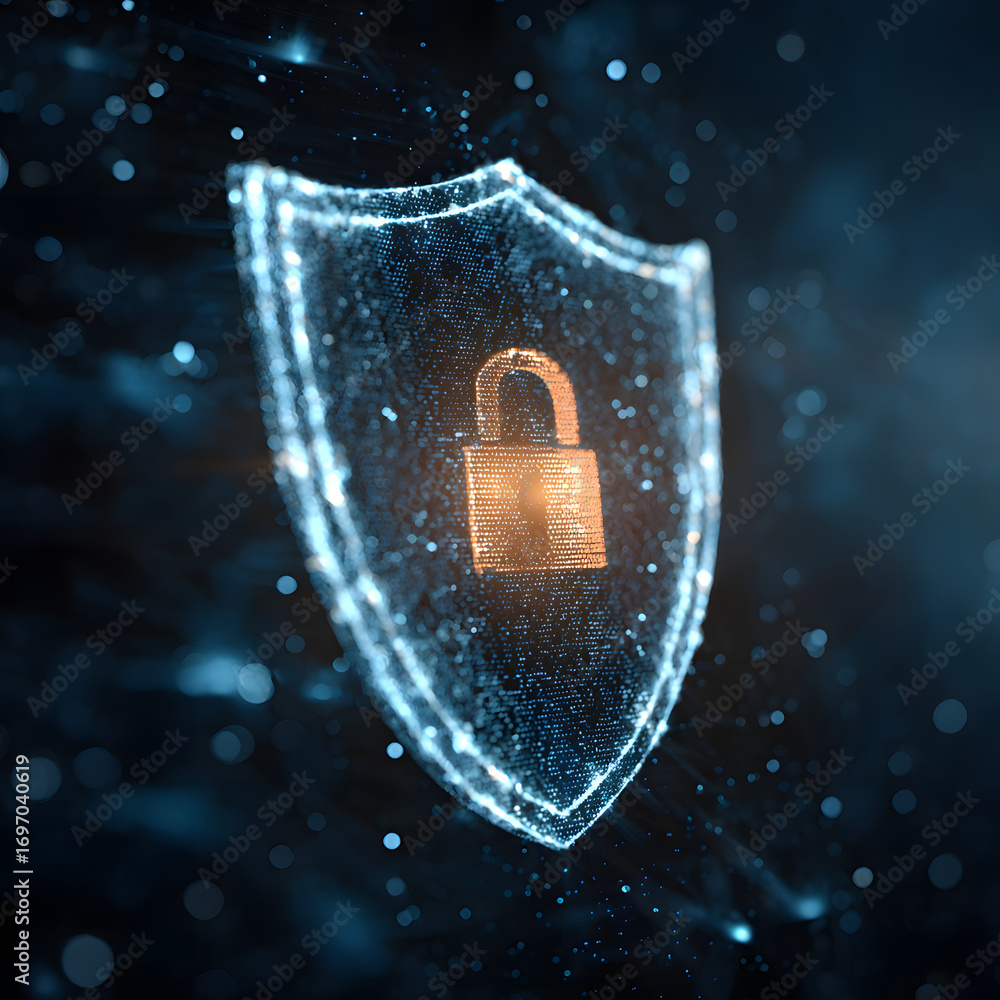 Poster cybersecurity shield with lock icon – digital data potection, network security