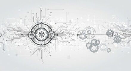 Abstract futuristic technology network with interconnected gears and circuits