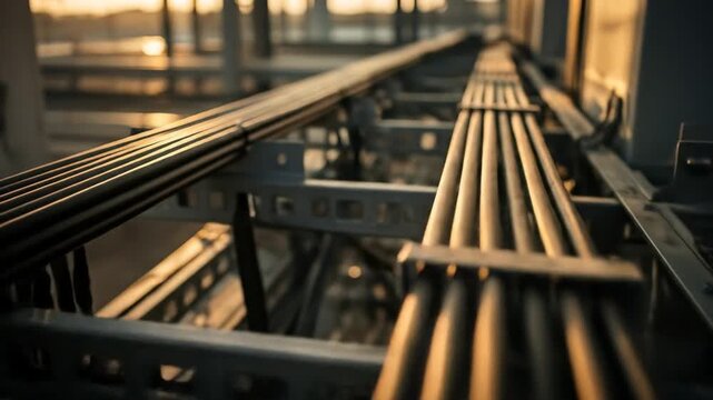 Industrial electrical cable trays and bundled wiring in sunlit server room.