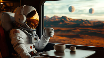 A portrait of an astronaut in a detailed vintage 1960s spacesuit, sitting comfortably in a cozy, warm cafe on Mars with a cup of coffee. A large window overlooks the red Martian desert and two moons i