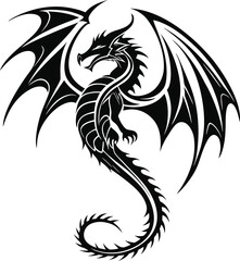 Naklejka premium Black Dragon Tattoo Silhouette Vector, Fierce Dragon Outline Illustration, Tribal Dragon Silhouette Design, Mythical Dragon Tattoo Graphic