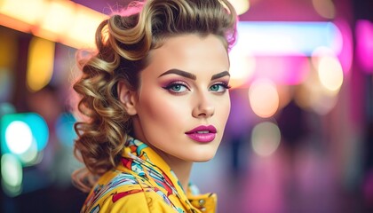 Portrait of a woman with vibrant makeup and hairstyle