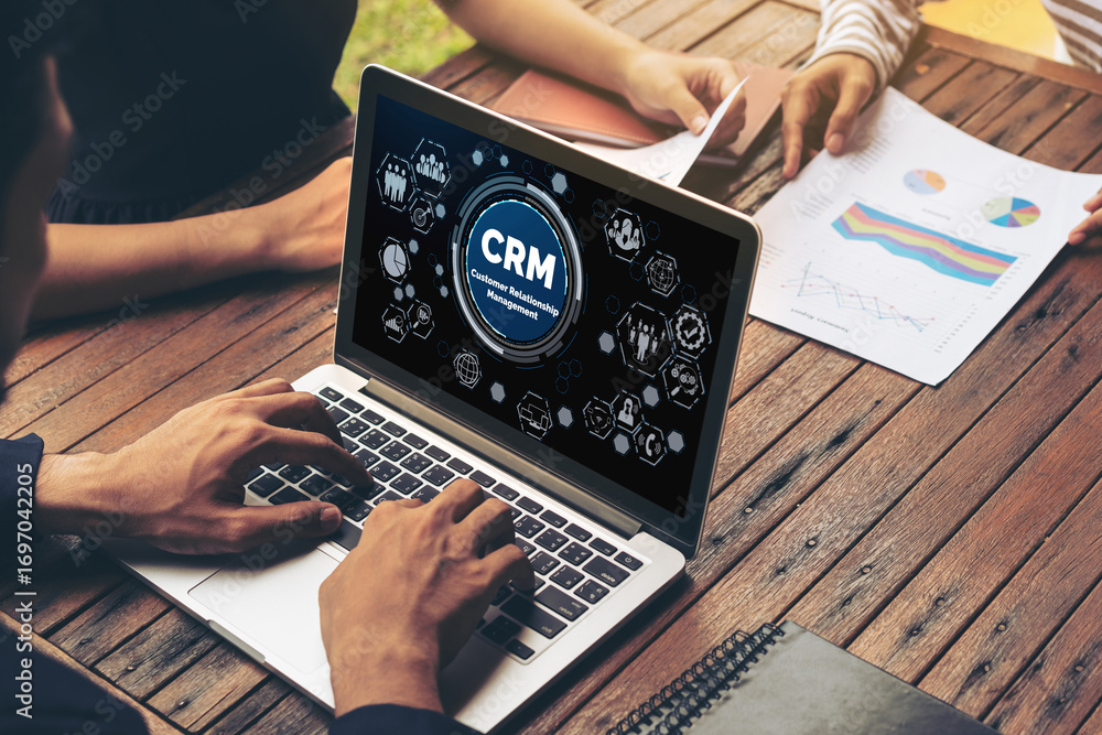 Poster customer relationship management system on modish computer for crm business and enterprise