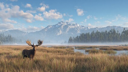 Majestic elk in a golden meadow, with a misty mountain range in the background