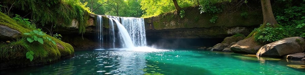 Obraz premium Majestic Waterfall Cascading into Crystal-Clear Pool Serene Summer Nature Scene, Perfect for Relaxation and Travel