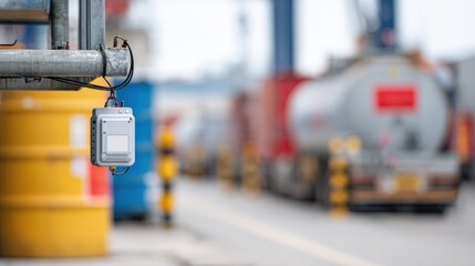 Closeup of a wireless IoT device attached to a chemical container focused clearly against a blurred backdrop of safety signage and storage equipment.