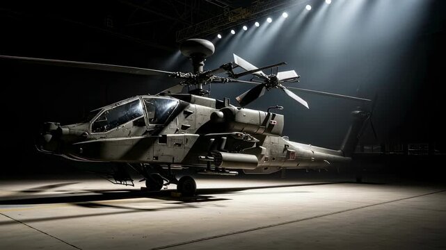 Military attack helicopter displayed in a hangar under focused spotlights, showcasing a powerful air combat machine footage.