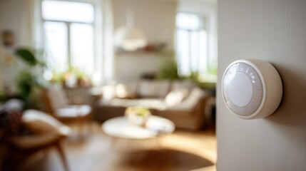 Shot of a sensordriven thermostat adjusting temperature automatically foreground focused with a softly blurred modern living room behind highlighting smart climate control.