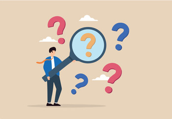 Flat illustration of businessman hold magnifying glass analyzing question mark to investigate and solve problem
