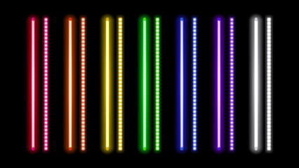 Neon LED Light Tubes and LED Strip Lights Set – Realistic Fluorescent Glowing Vertical Lamps in Red, Orange, Yellow, Green, Blue, Purple, and White Vector Illustration