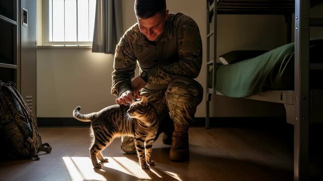 Soldier man petting a domestic cat inside a barrack room with bunk beds and locker. Military life and animal companionship footage.