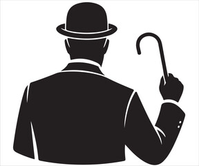 Silhouette of gentleman with bowler hat and walking cane illustration