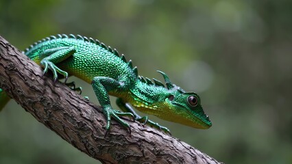Obraz premium A green chameleon perches on a branch in a close-up nature shot. Its scaly reptilian skin blends with the foliage. The camera captures the reptile’s intricate patterns and movement in detail.