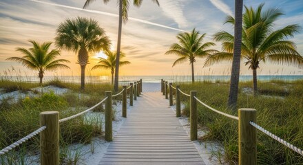 A wooden boardwalk leads through sandy dunes and palm trees towards a serene beach at sunset