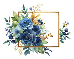 Watercolor Blue Floral Arrangement with Golden Frame on transparent background