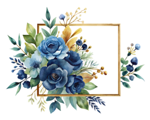 Watercolor Blue Floral Arrangement with Golden Frame on transparent background