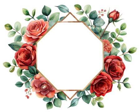 Elegant Floral Frame with Red Roses and Green Leaves on transparent background