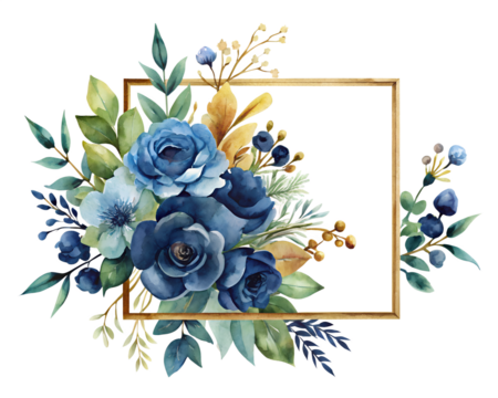 Watercolor Blue Floral Arrangement with Golden Frame on transparent background - Powered by Adobe
