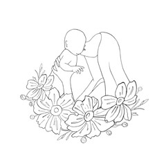 Mom kiss her baby with anemone flowers card. Mother picked up child in her arms. Graphic vector illustration, line art. Motherhood, Mother Day holiday. Bud for postcards, parenthood articles