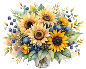 Watercolor Sunflower and Berry Bouquet Illustration on transparent background