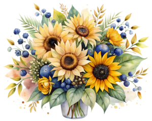 Watercolor Sunflower and Berry Bouquet Illustration on transparent background
