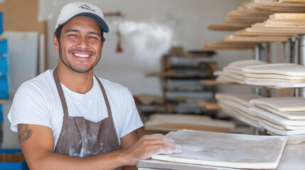 Smiling baker in apron shaping fresh dough in artisan kitchen for delicious bakery creations