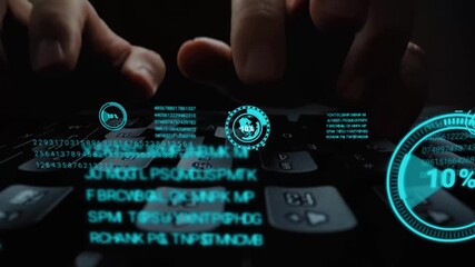 Man working on laptop computer keyboard with graphic user interface GUI hologram showing concepts of big data science technology, digital network connection and computer programming algorithm. Glean - Powered by Adobe