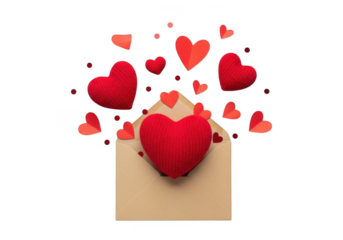 A brown envelope opens with many red hearts flying out, isolated on transparent background