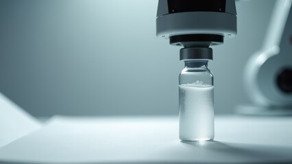 Pharmaceutical vial under robotic arm in lab
