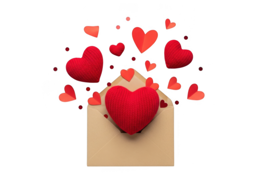 A brown envelope opens with many red hearts flying out, isolated on transparent background