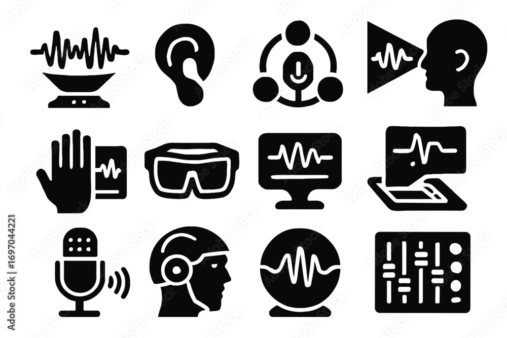Poster beam audio sound capture interface earbud analyzer icon futuristic scanner vector icons