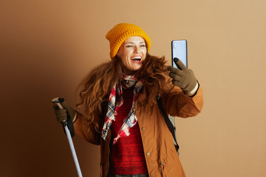Cheerful Hiker Capturing Selfie Moment Outdoors