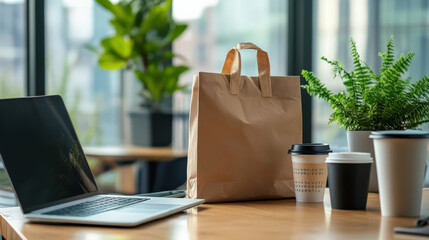 Eco food delivery paper bag and coffee cups on office desk