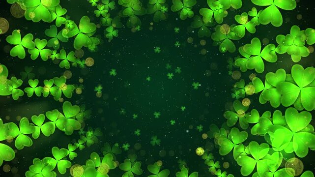 St Patricks Day Clover Leaf Background with Gold Coins and Glitters