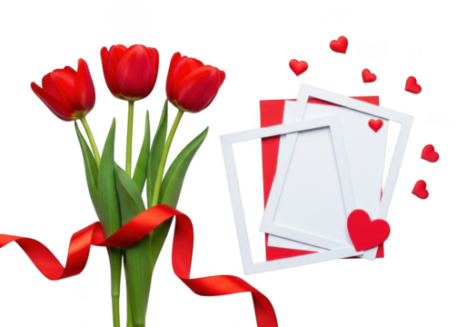 Red tulips tied with a red ribbon, with blank photo frames and hearts, isolated on transparent background