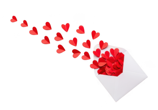 A white envelope overflowing with red paper hearts, with many small hearts flying out and isolated on a transparent background - Powered by Adobe