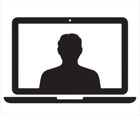 Silhouette of person inside laptop screen representing online meeting, video call, digital conference, remote communication, virtual learning, telework, webinar, internet training, and online collabor
