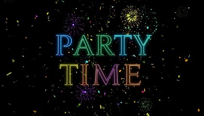 Colorful party text with confetti and fireworks on black background