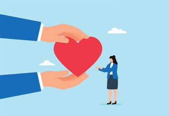 Flat illustration of big supportive hands giving red heart to businesswoman symbolizing care compassion empathy and emotional support in workplace