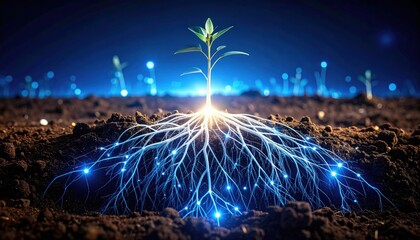 A young plant with a glowing root system connected by intricate blue and white light threads growing from the dark ground, with other small seedlings in the background. A concept of biotechnology 