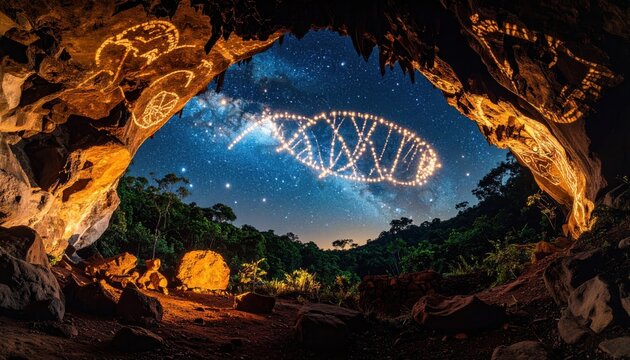 A view of the night sky with a glowing dna double helix inside a cave with ancient rock paintings on the walls, and tropical vegetation on the background. A concept of a universe, genetics 